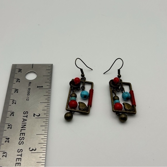Brown Brass Colored Red & Blue Beaded Abstract Bird Box Drop Dangle Earrings - Picture 4 of 6